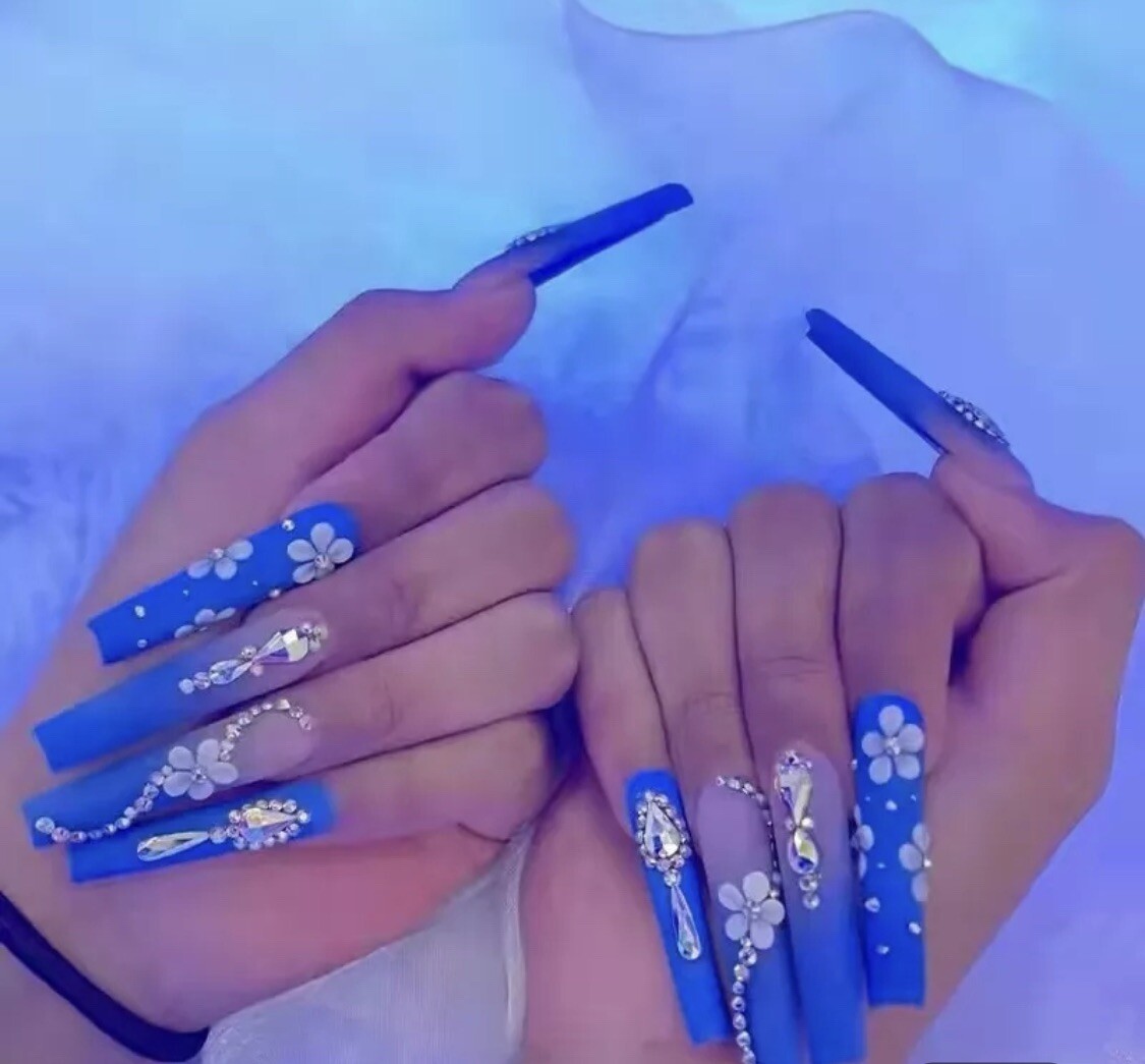 Royal Blue Rhinestone Flower Press On Acrylic Nails Medium Length Square Shape