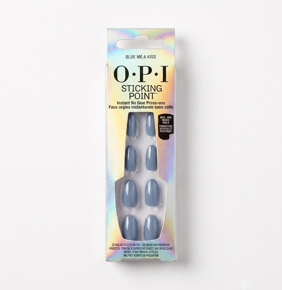 OPI Blue Me A Kiss Press-On Nails, Blue Glossy Oval Medium, Vegan No Glue