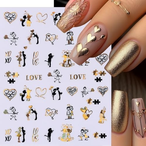 6 Sheets Valentines Heart Nail Art Stickers Black Gold Heart-Shaped 3D heart