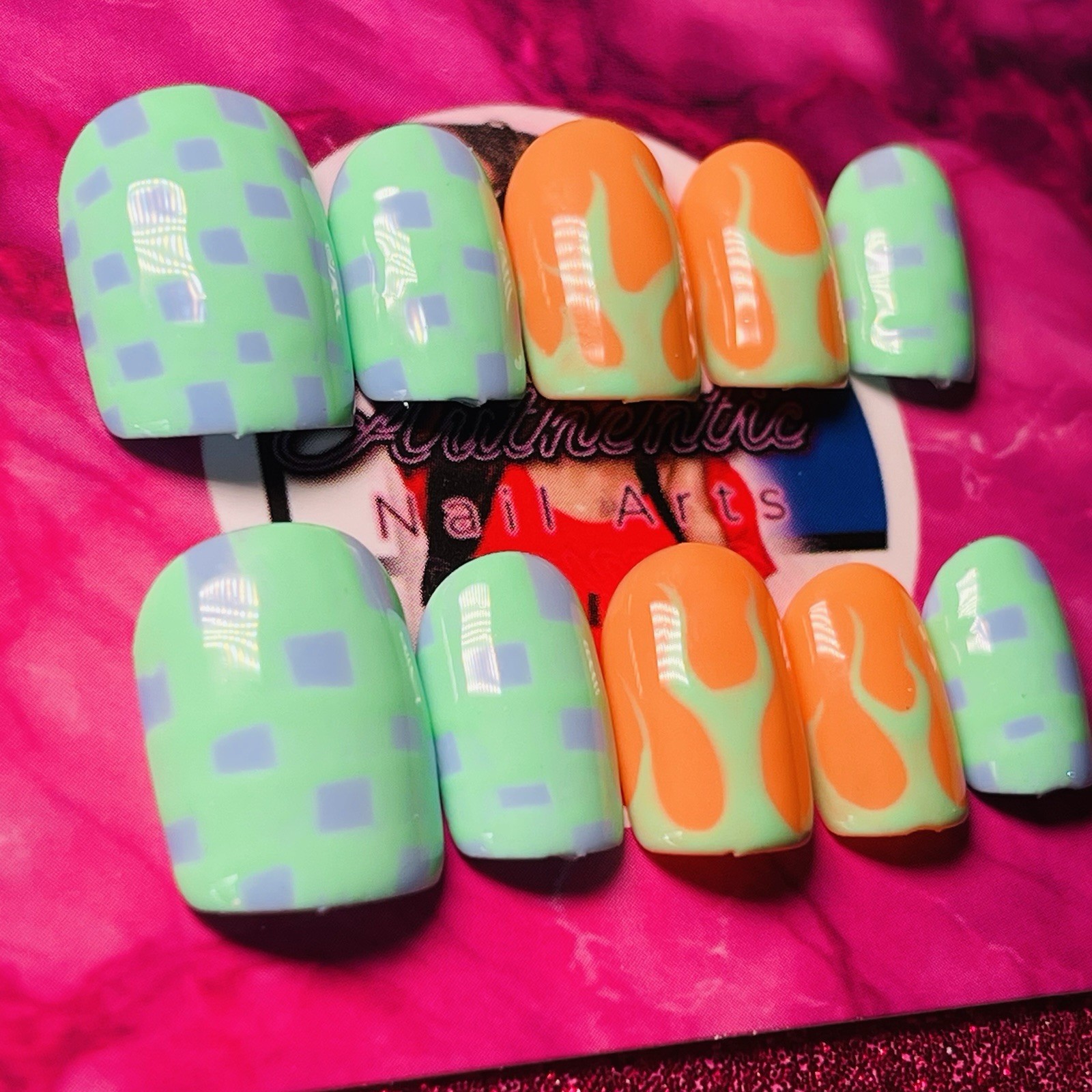 Authentic Nail Arts by Dia Square Press-On Nails Green Orange Purple Flames