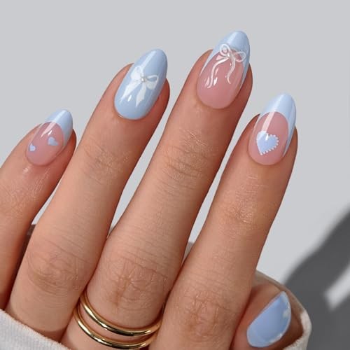 Blue Bow Almond Sweet Hour Press on Nails – Easy-to-Apply