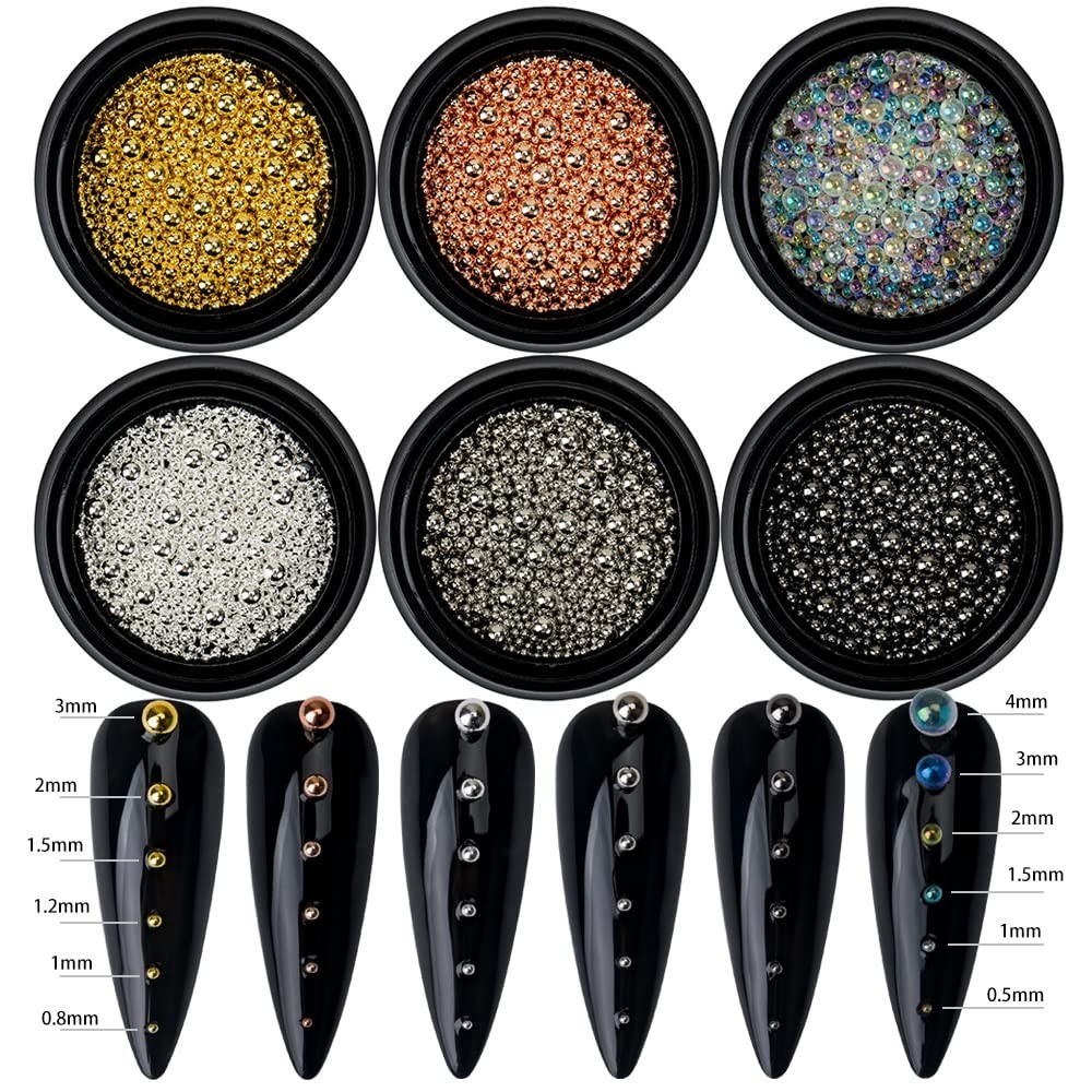 Versatile 6 Color Nail Caviar Beads – 0.8mm to 3mm Metal Charms for Artistry