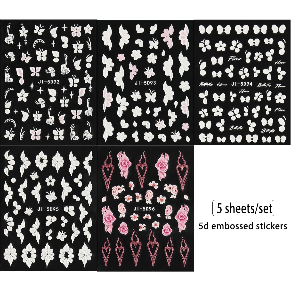 5D Embossed White Flowers Nail Stickers, 5 Sheets Self-Adhesive Floral Nail D…