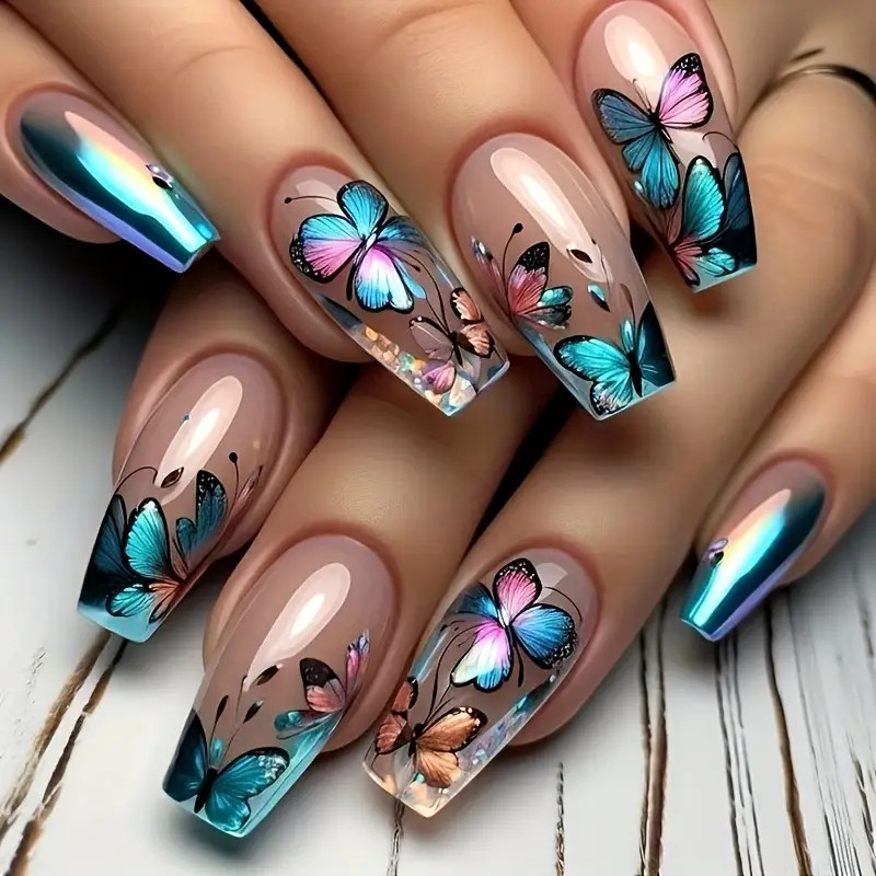 24pcs of Medium-Long Ballet 3D Printed Colorful Butterfly Wearable Nail Women