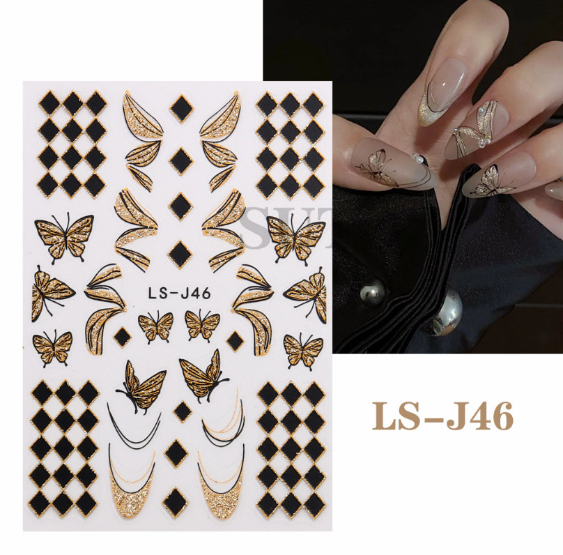 Glitter 3D Gold Black 2023 New Year Clock Time Cat French Nail Art Stickers NH21