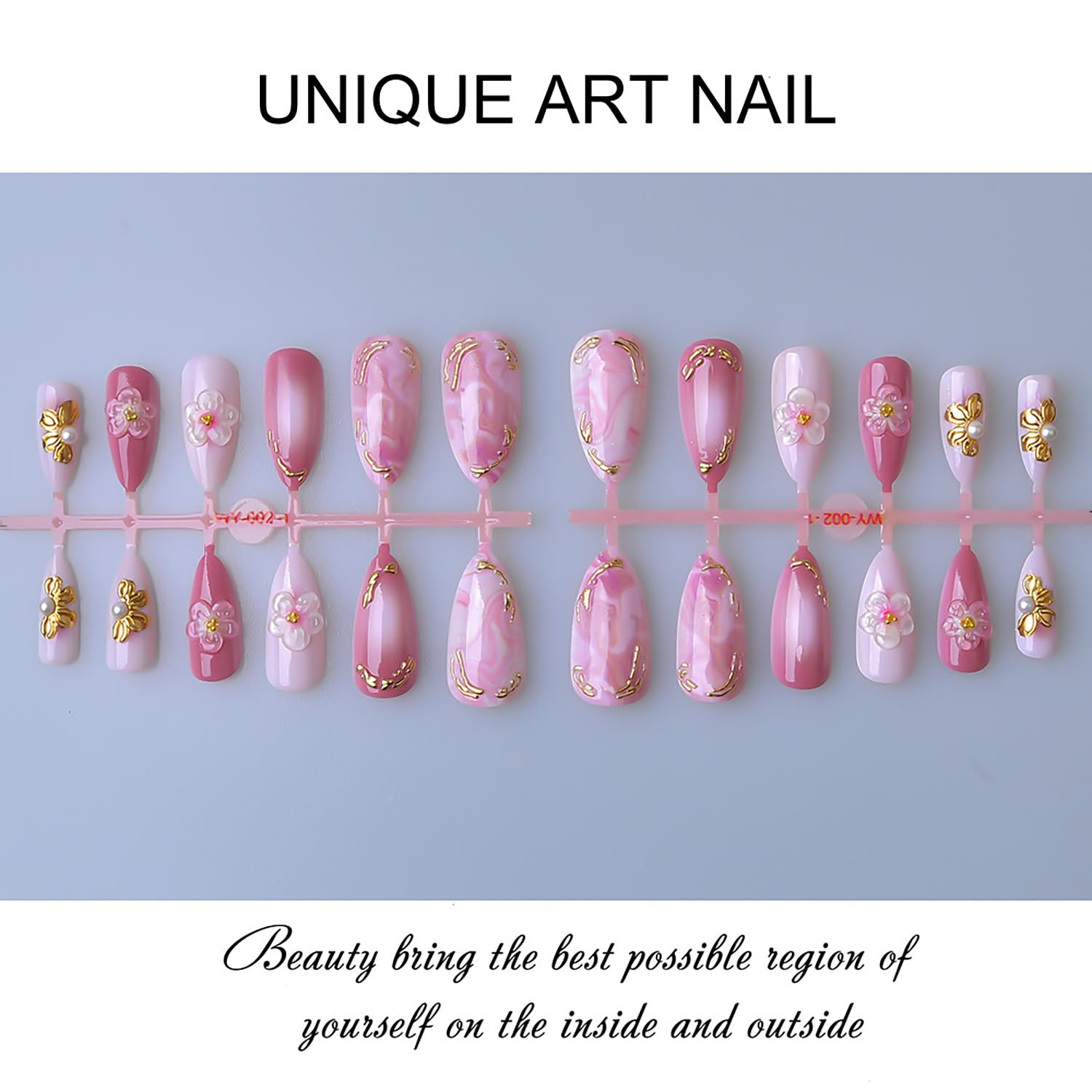 24Pcs Pink Press on Nails Medium Almond Fake Nails with 3D Pink Gold Floral Line