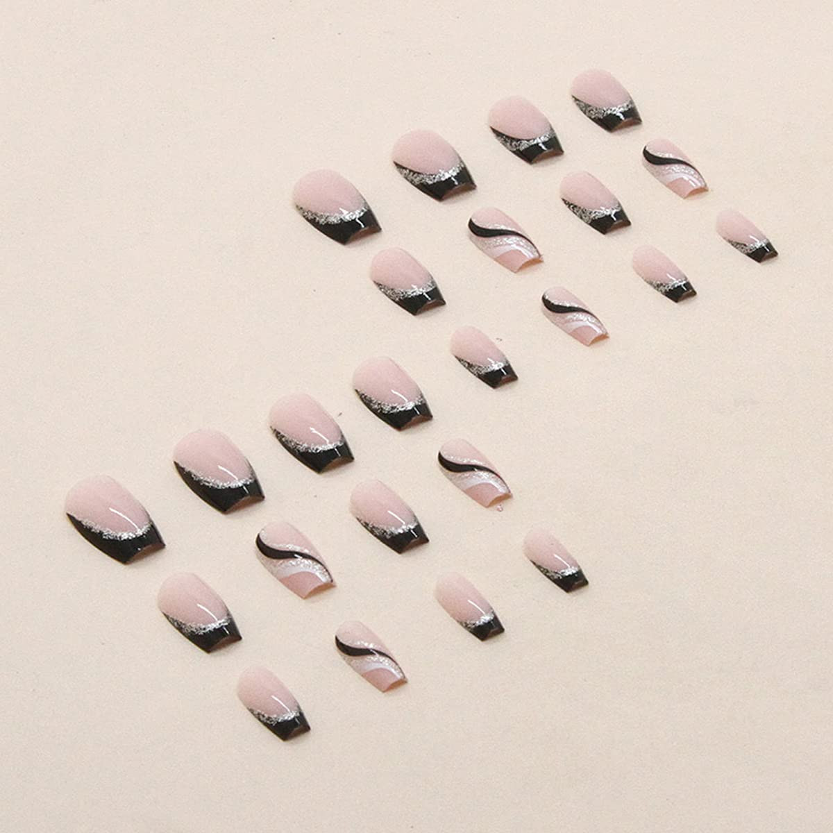 24PCS Black French Tip Press on Nails Medium Length Square Fake Nails with Silve