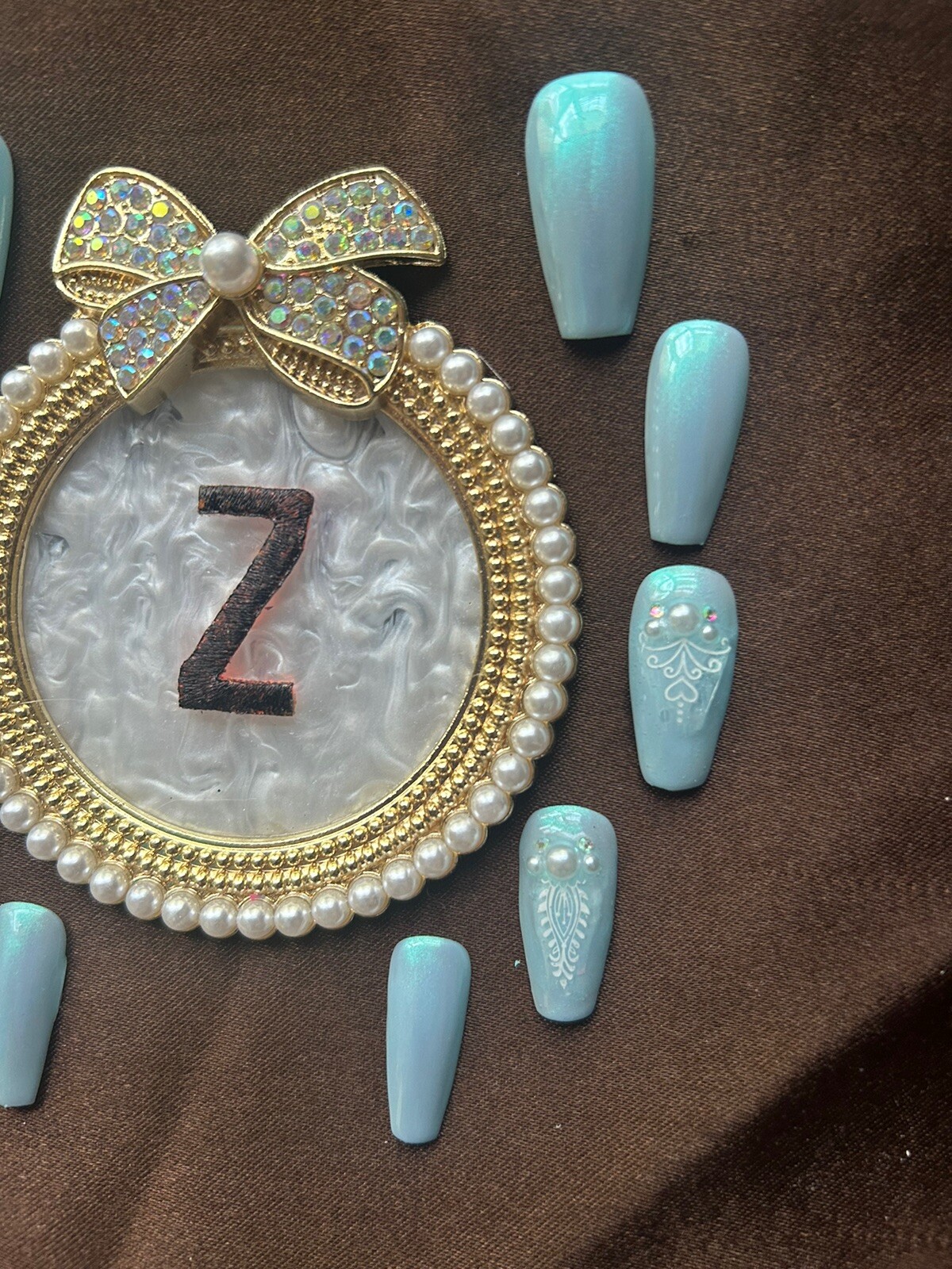 Z NAILZ! Dainty Blue Iridescent W/ Pearls & AB Stones, Decals Press On Nails.