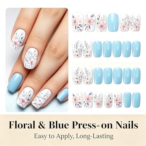 Pink Flowers Press on Nails – Short Square Spring Floral Fake Nails – Flowers 01