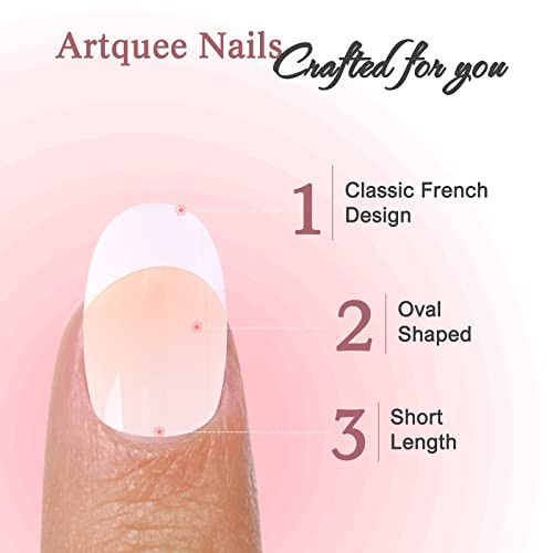 French Tip Press On Nails Short Clear Nude Oval Designs False Nail White Edge