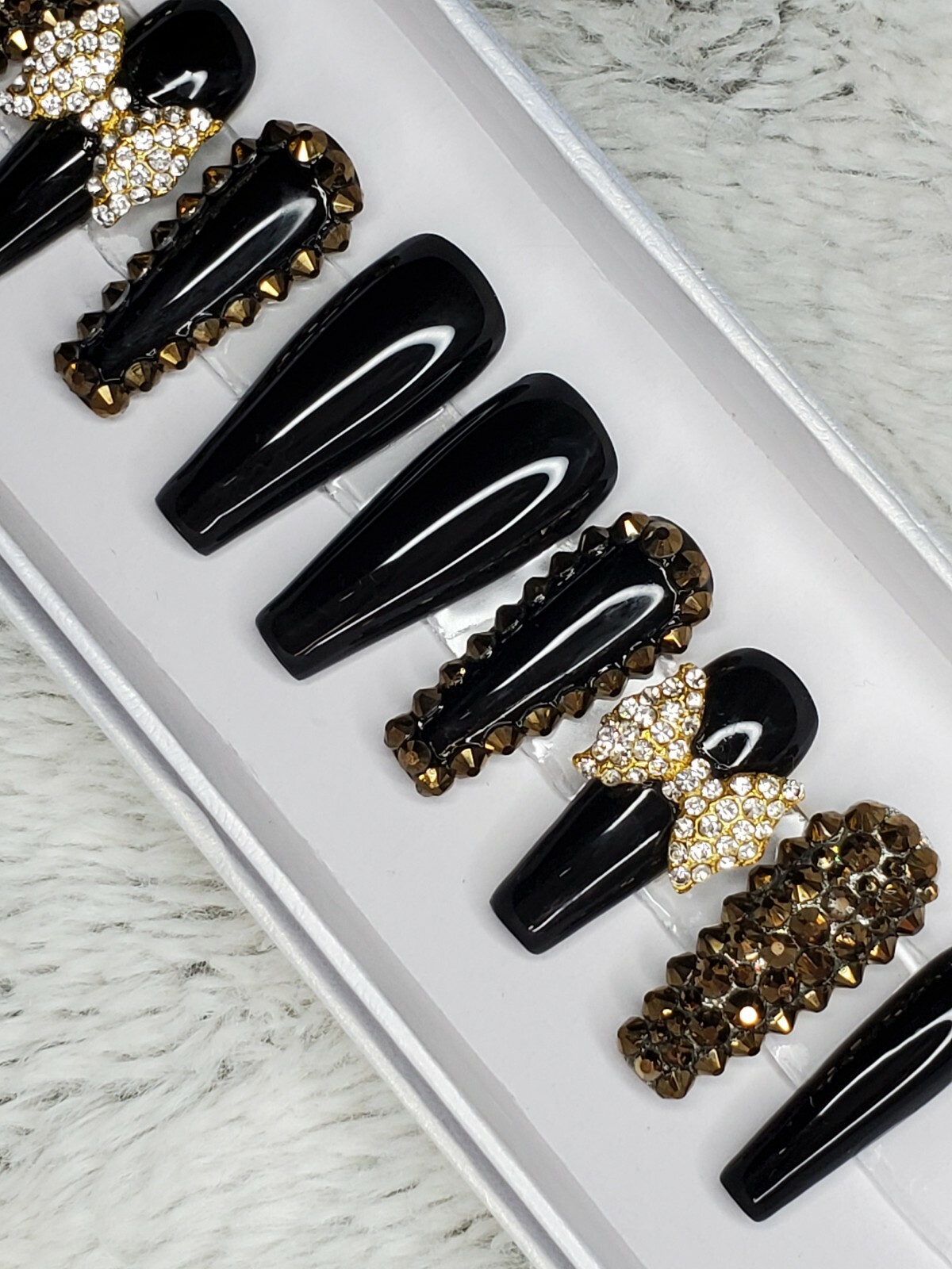 Black & gold bling long tapered ballerina press on nails diamond crystal bow