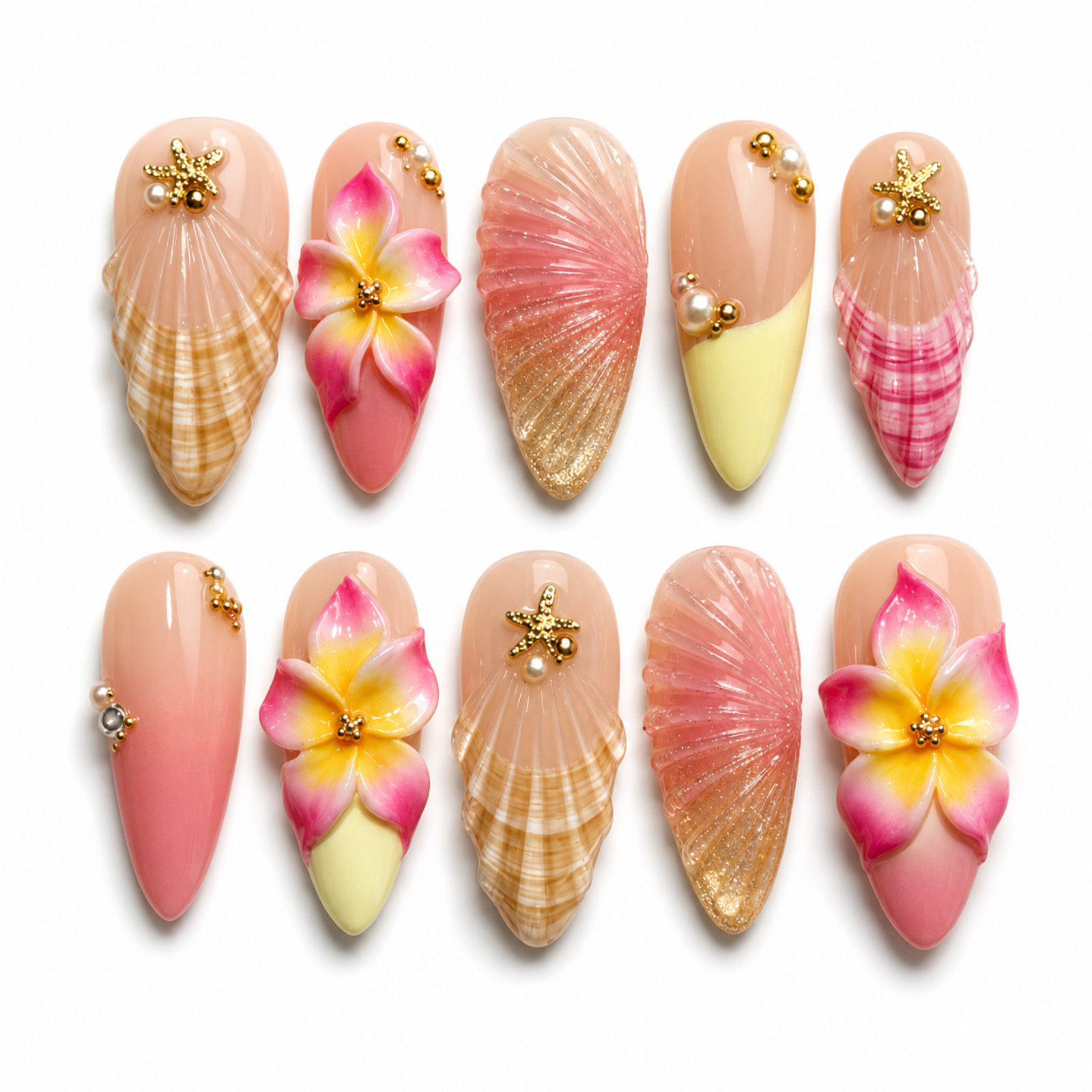 Handmade Press On Nails 3D Tropical Flower Seashell Pink Gold Set