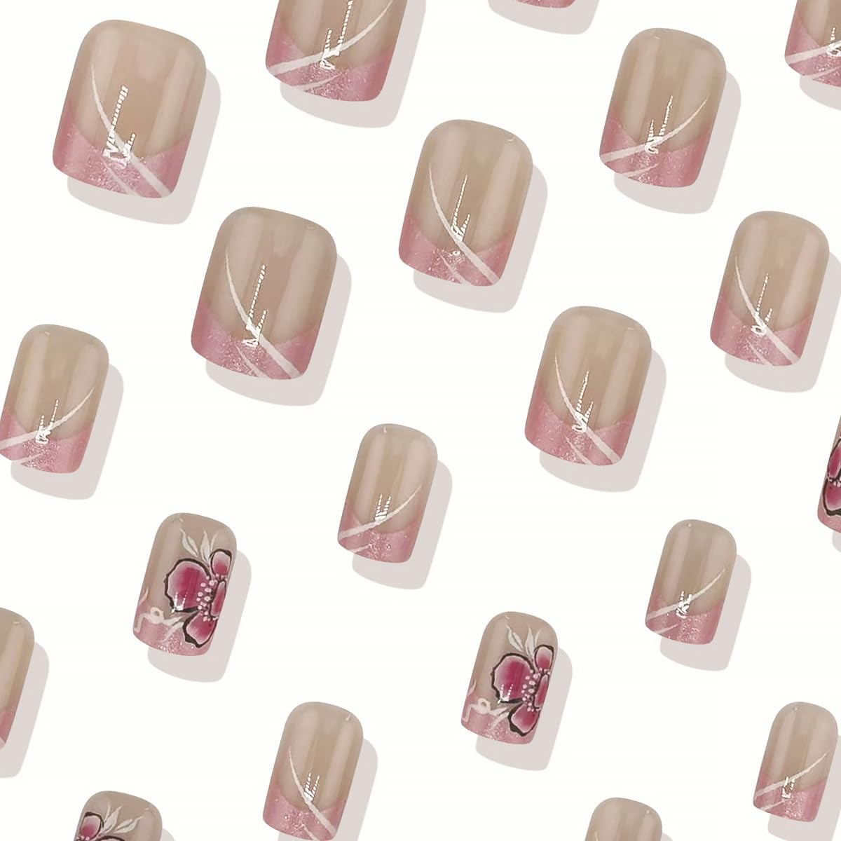 24Pcs French Tip Press on Nails Short Square Flower Fake Nails Pink False Nai…