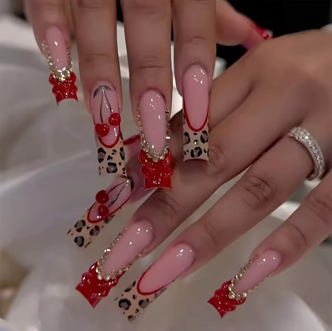 Long Coffin Press-On Nails Pink Red Beige Black Leopard 3D