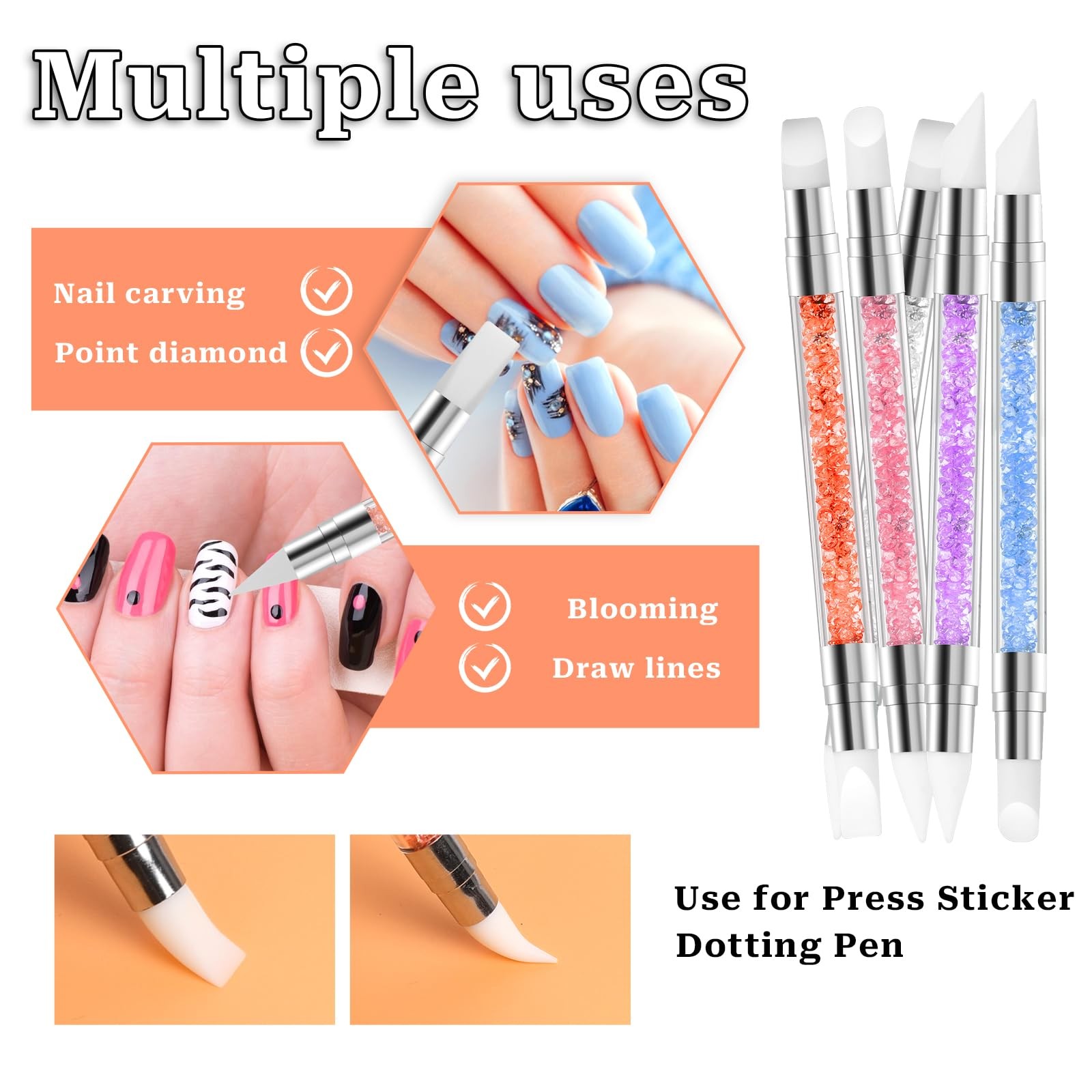 5 Pcs Nail Art Sculpture Pen Dual Tipped Silicone Tools 5 pcs style C