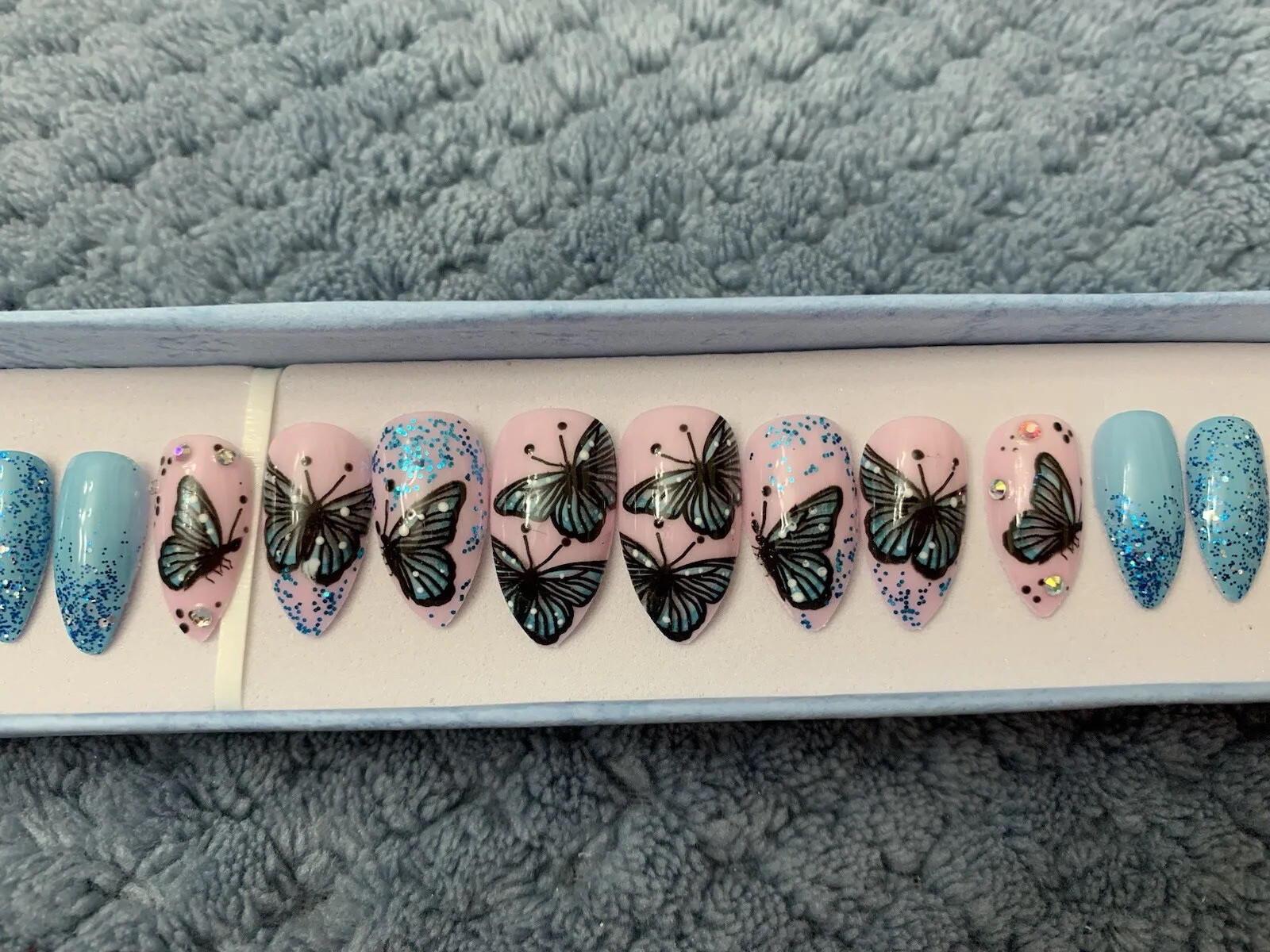 12pcs Press On Nails Stiletto Shape Glue On Pre-design Nails Butterfly Blue