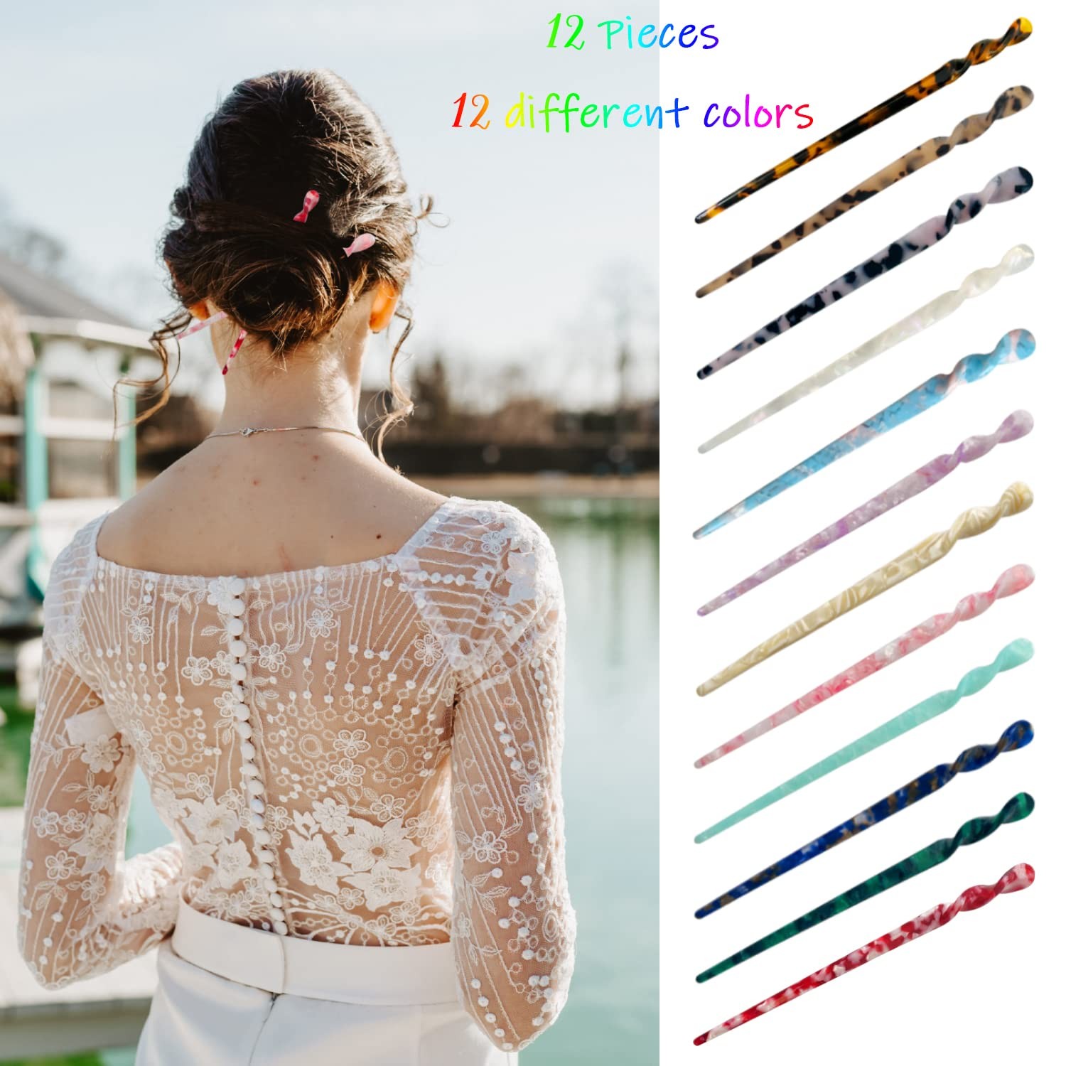 12 Pieces Acetate Hair Sticks Tortoise Shell Hairpin Leopard brown