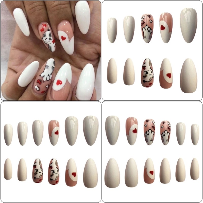 Lovely Cats False Nail Heart Artificial Nail Glossy Press On Nail for Woman