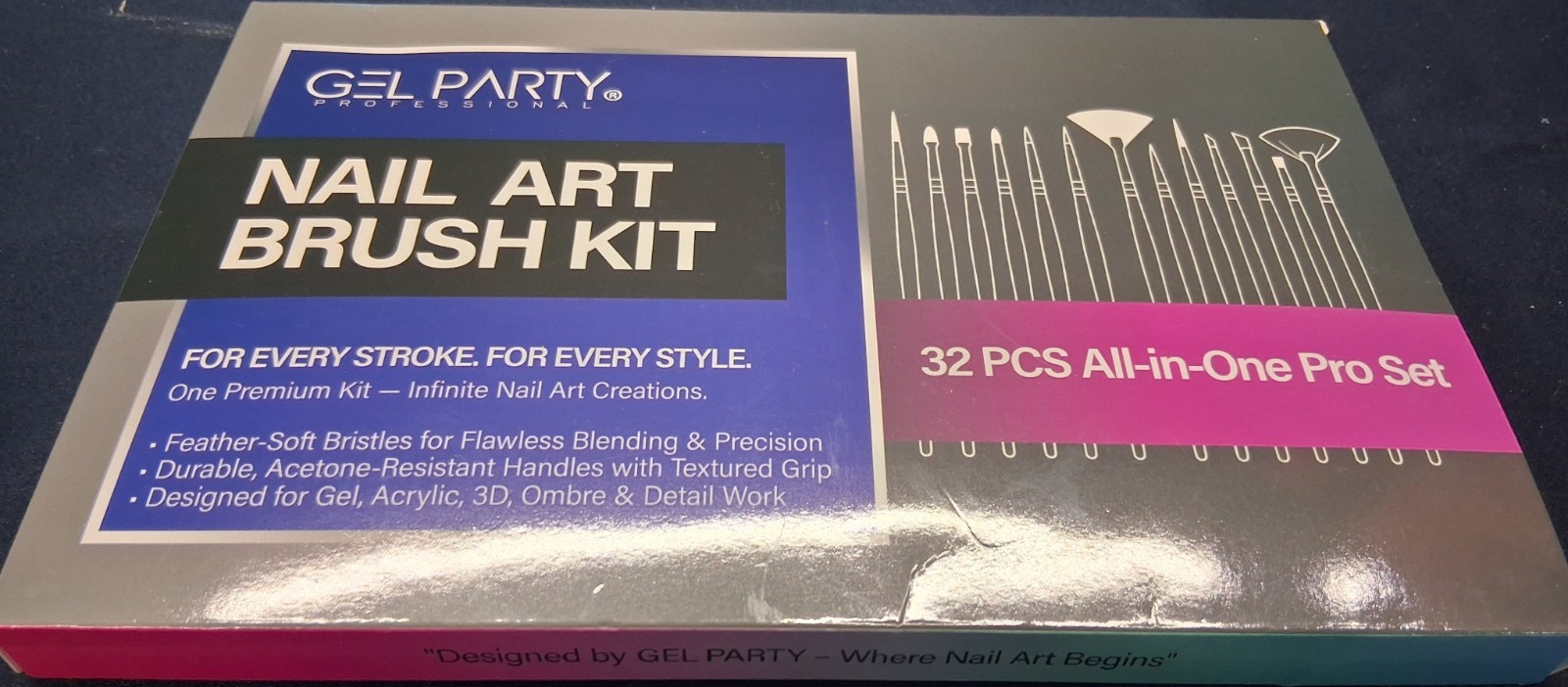 GEL PARTY 32PCS Nail Art Brush Kit Ombre, Acetone-Resistant, Textured Grip
