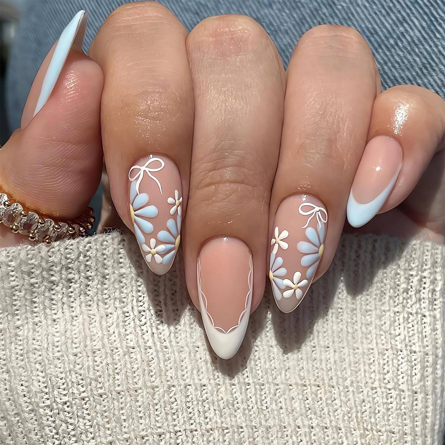 Summer French Tip Press On Nails Flower Design Almond Medium Glossy Fake Nails
