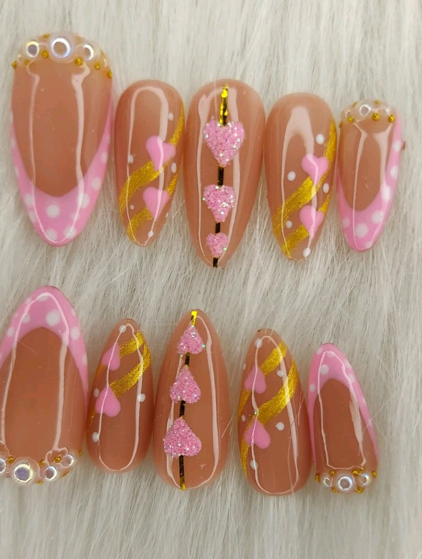 Pink White And Gold Nails, Pink Heart Coquette Nails, Custom Prom Wedding Nails