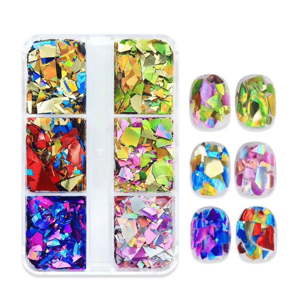 6 Grids Nail Art Flakes Irregular Broken Glass Paper DIY Manicure Decoration