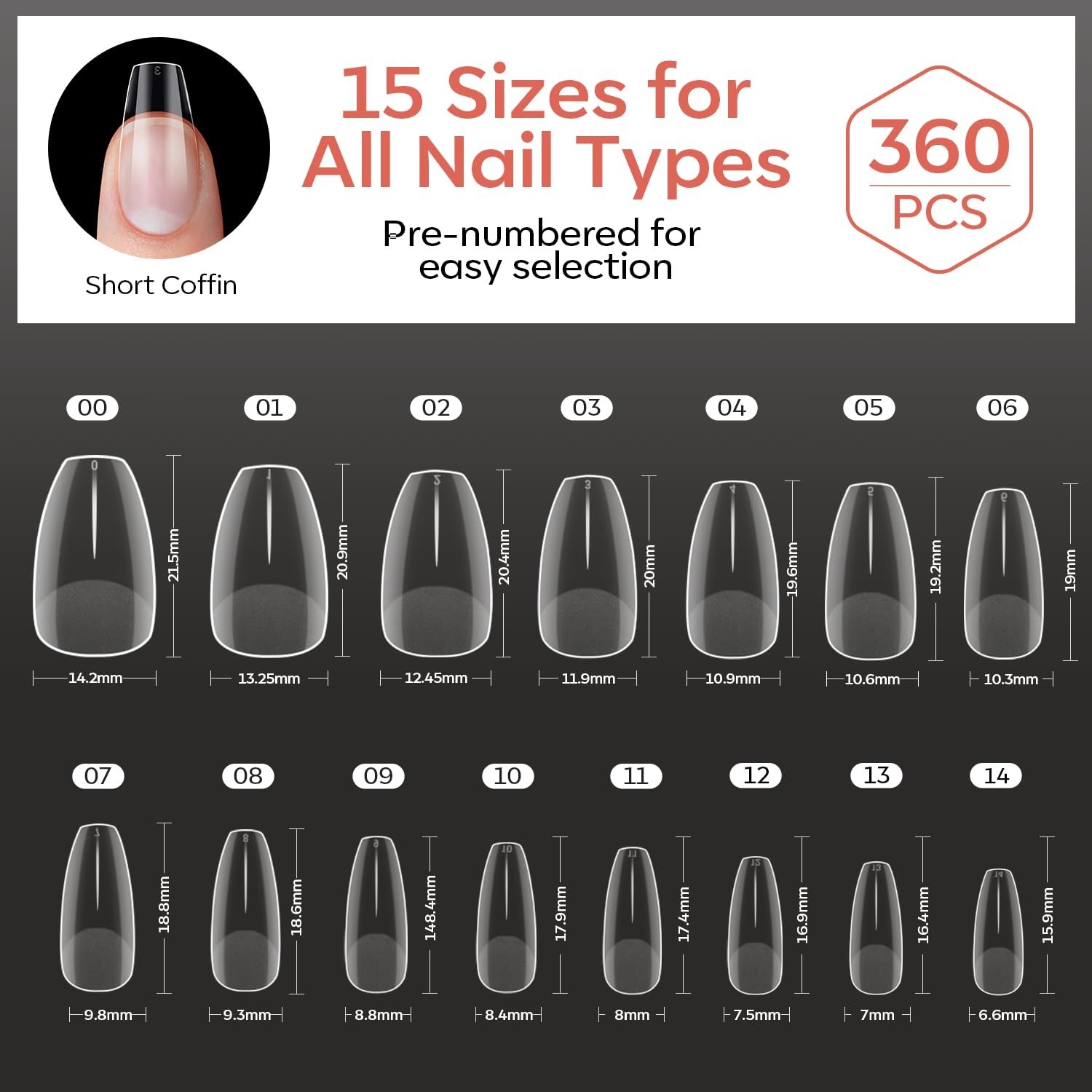 Beetles Gel Nail Tips Short Coffin Pre-Etched Nail Tips, 15 Sizes 360 Pcs Full C