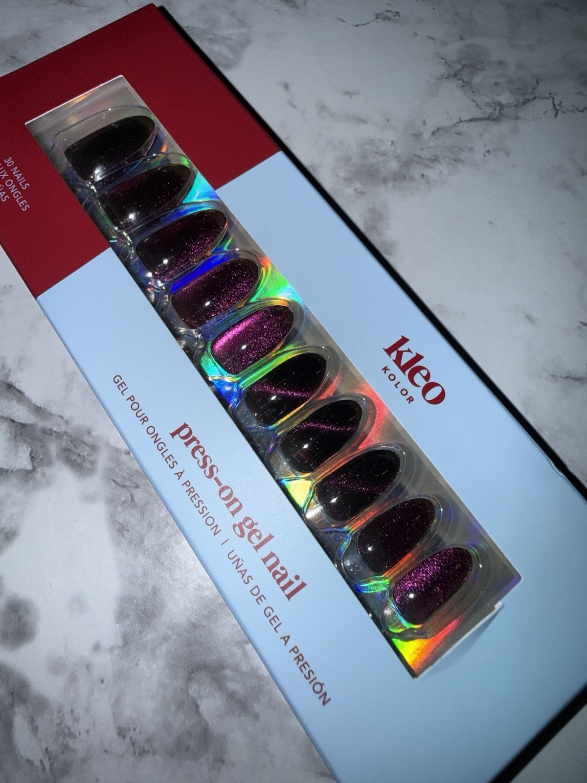 New Kleo Kolor Press-On Gel Nails – Long Almond Galaxy Glimmer Purple