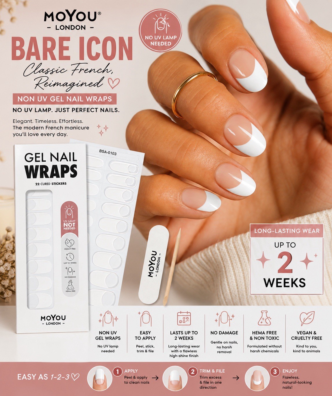 MOYOU LONDON BARE ICON NON UV GEL NAIL WRAPS CLASSIC FRENCH MANICURE WHITE NIP