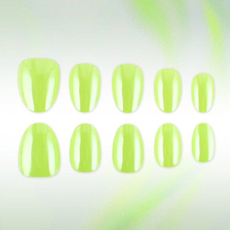 64pcs-Bright Yellow Green Press on Nails, Short Oval Neon Solid False Nails