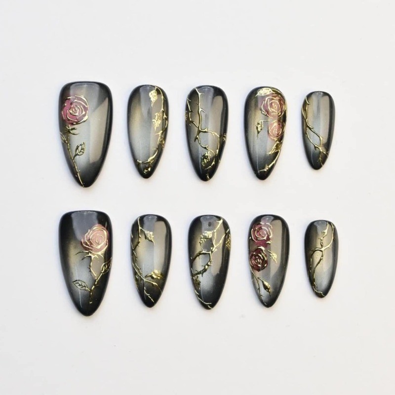 Rose Thorn Handmade Press on Nails Gold Cat Eye Dark Elegant Gloss Fake Nails
