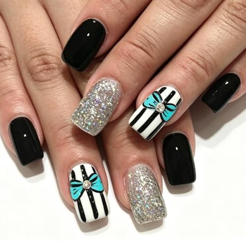 Blue Bow Rhinestone Design – Cute Press on Nails – Short Square Nails – Size a6