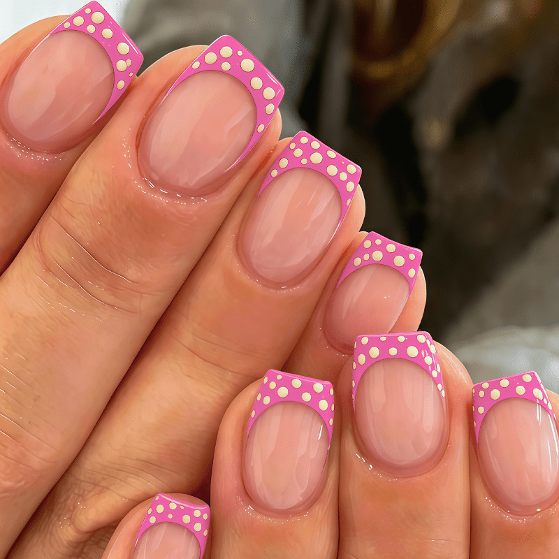 48pcs Short Square Press On Nails, Nude Base with Pink French Tip & White Polka