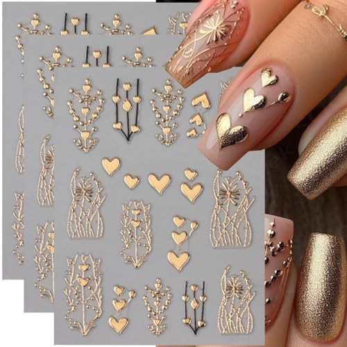 Golden Heart Nail Stickers for Nail Art 3D Bronzing Heart Nail Art style3