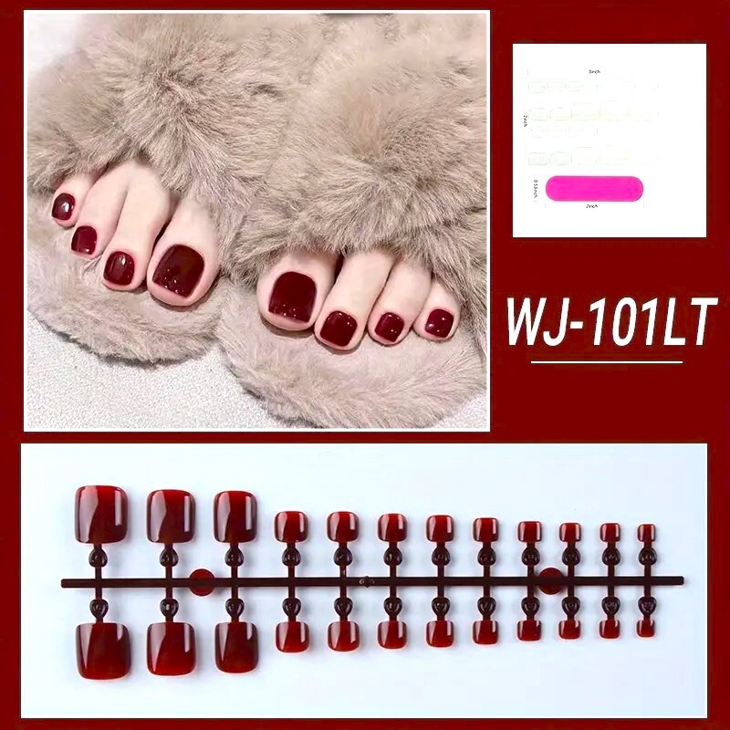 24 Fake Nails Deep Red Press On Toenails Short Style Kit Glossy Vacation Glam