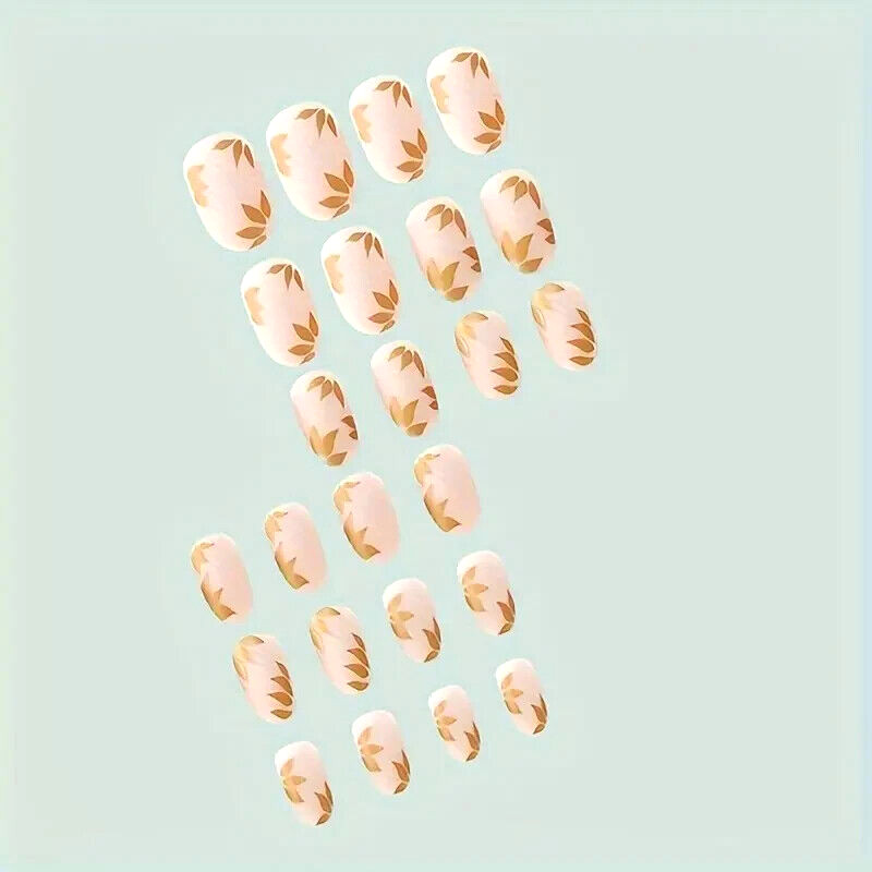 24pcs Medium Almond Press On Nails Golden Leaf Fake Nails Full Cover Women Girl