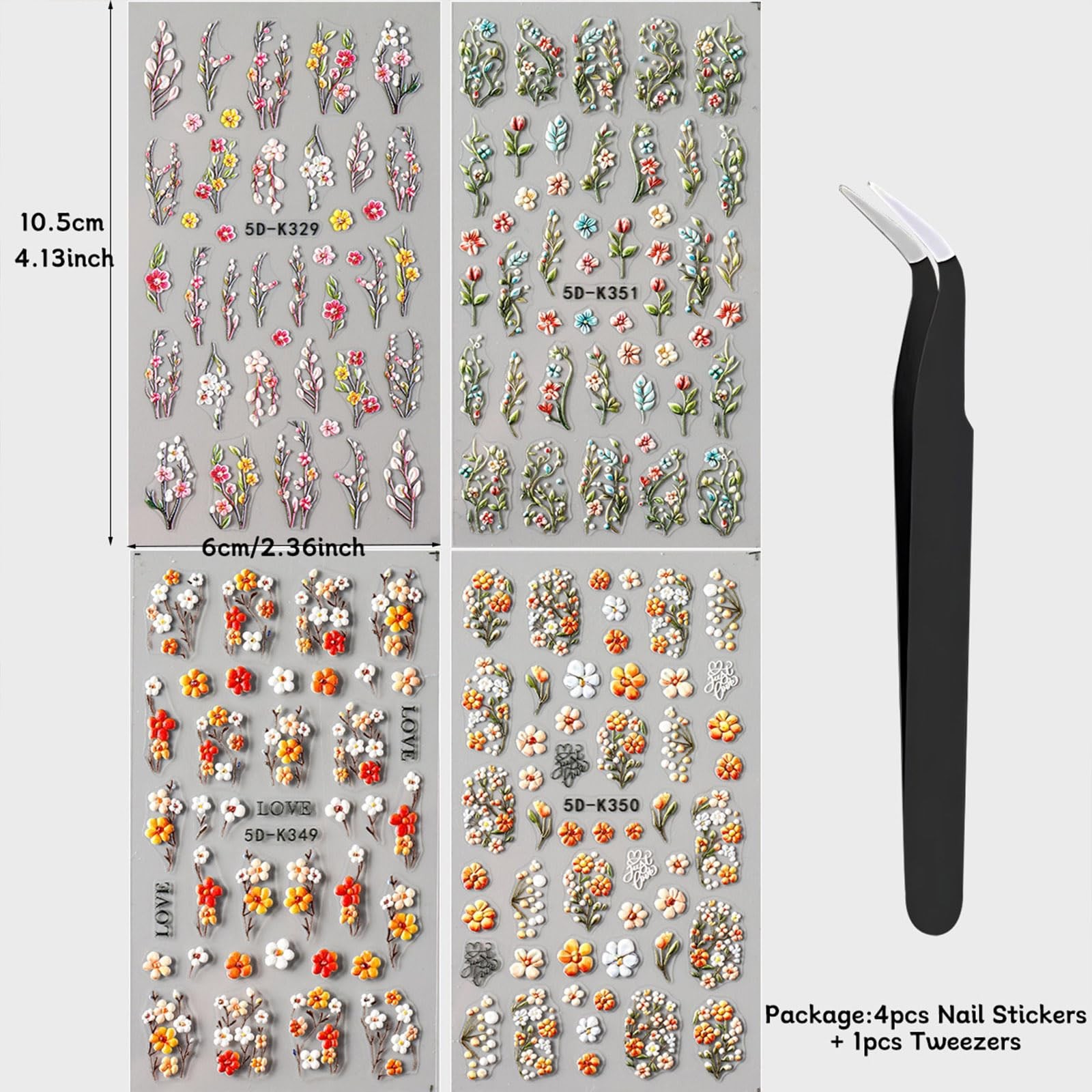 4 Sheets Elegant Spring Flower Nail Multicolour, Green, Orange, Yellow