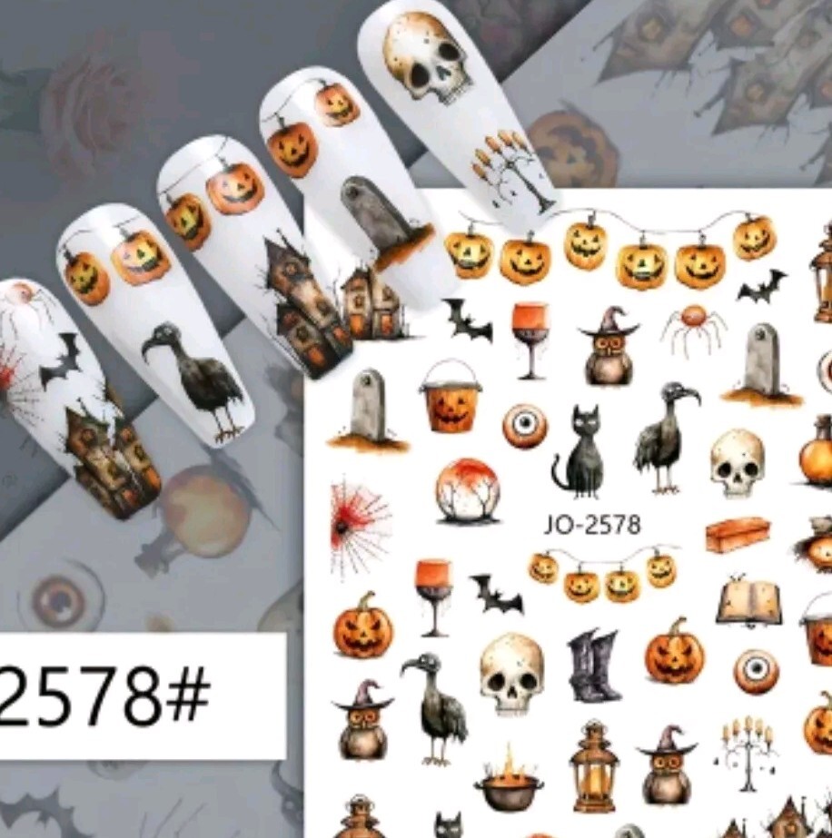 Halloween Nail Art Transfer Stickers Sculls Bats Pumpkins Owls Cats Candles