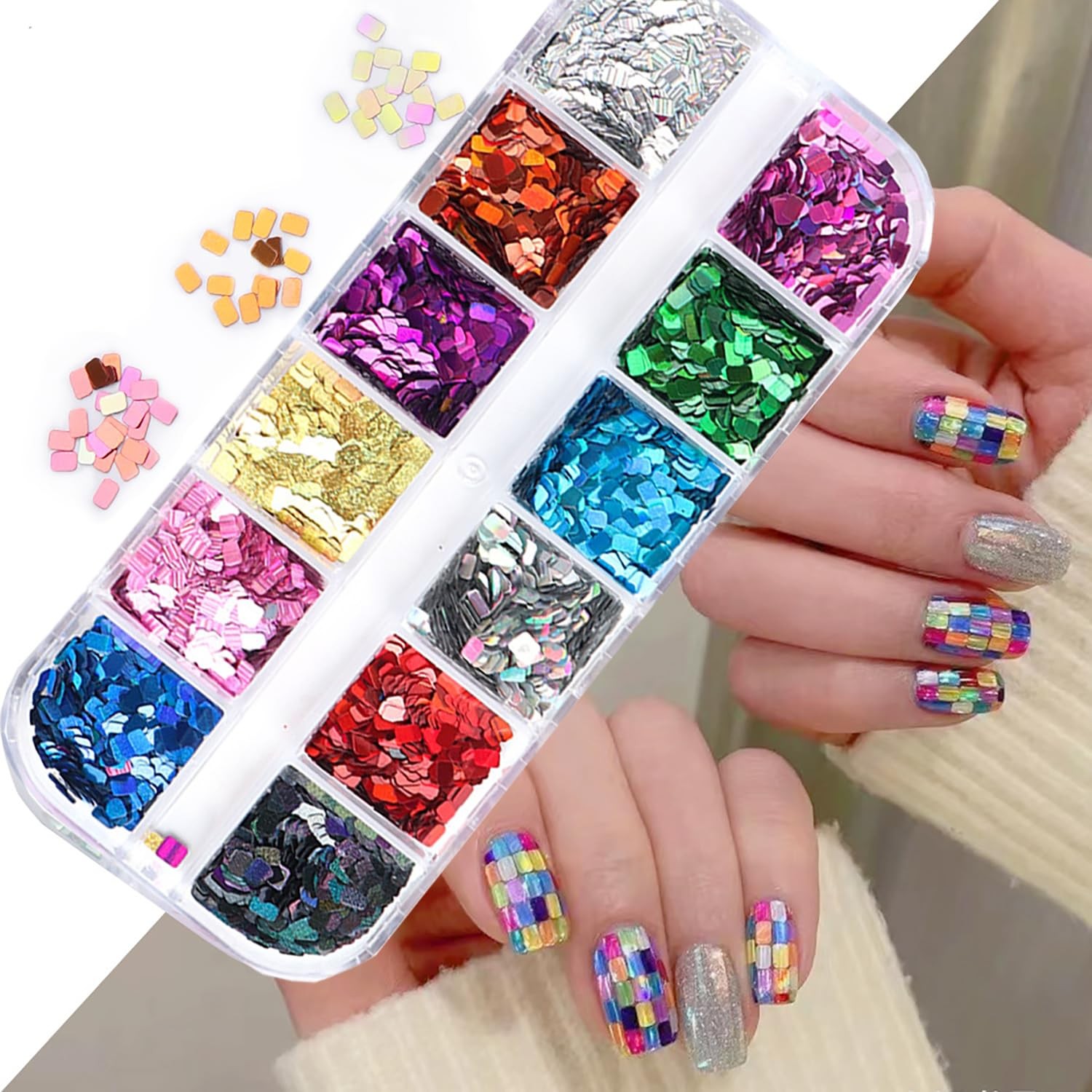 Square Glitter Nail Art Sequins, 12 Colors Rectangle Glitters Flakes Design, …