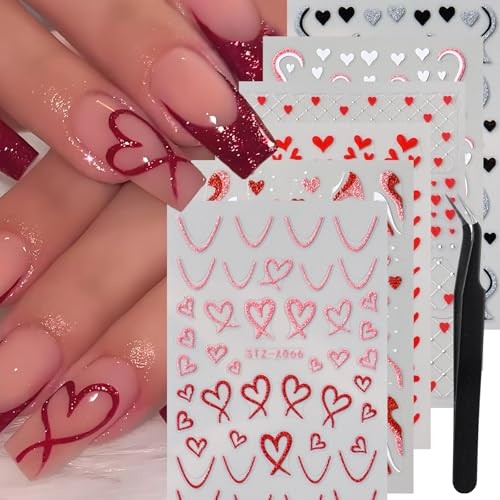 6pcs Glitter Heart Nail Stickers for Women – Valentine’s Day Nail Art Stickers
