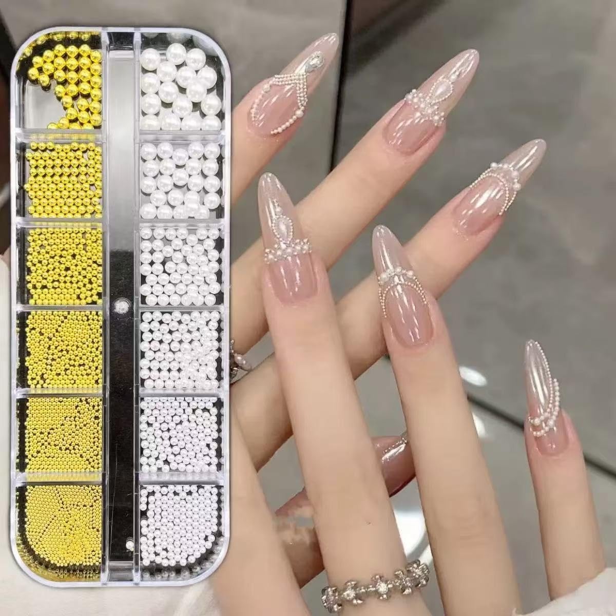 2 Boxes Flatback Pearls (White+Beige) and Silver+Gold Nail Beads for Nail Art…