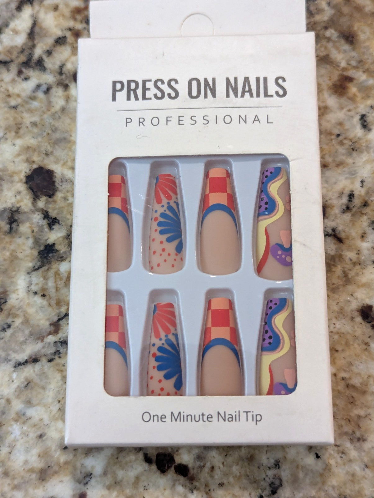 Press On Nails One Minute Nail Tip #167 Long Red Yellow Blue Purple Design 24ct