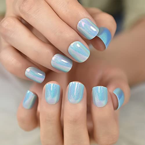 Light Blue Laser Press On Nails – Mirror Like Fake Nails – Round Blue Metal