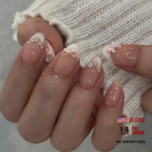 24pcs White French Tip Press on Nails Short Almond Fake Nails with Pink Bow -6