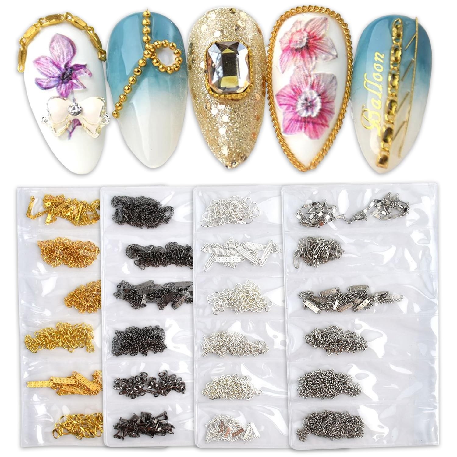 4 Packs of 24 Strips Nail Chains for Nail Art Gold Silver Black Alloy Metal N…