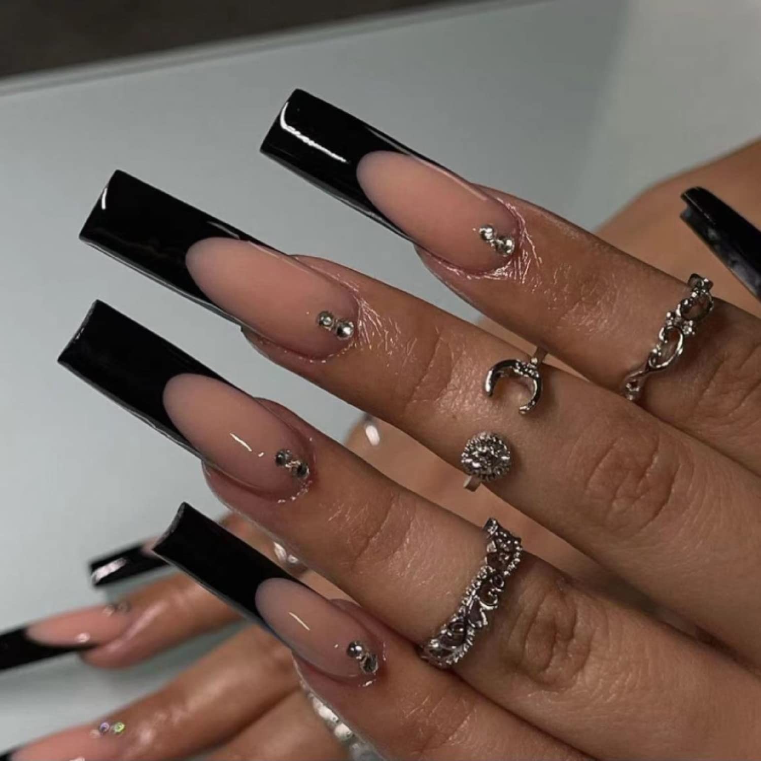 Long Press on Nails Black Square Fake Full Cover Reusable Coffin