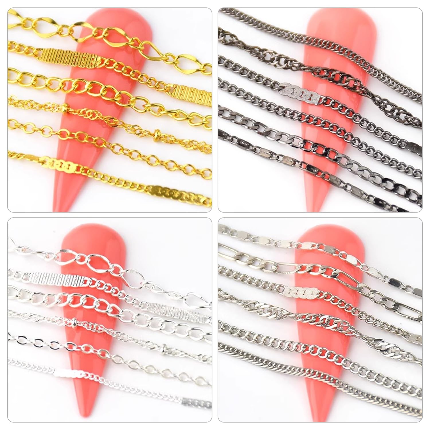4 Packs of 24 Strips Nail Chains for Nail Art Gold Silver Black Alloy Metal N…