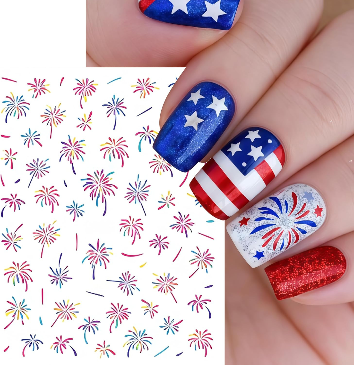 8 Sheets 4Th of July Colorful Fireworks Nail Stickers 3D Self-Adhesive Nail Deca