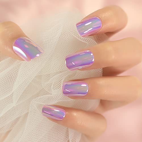 Metallic Mirror Press On Nails Purple False Nails Squoval Medium Lenght Nail
