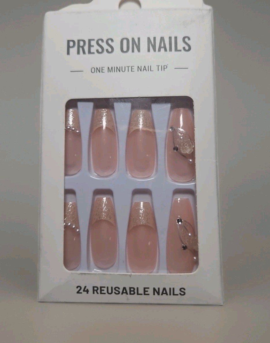 Press On Nails 24PCS Long Square Light Peach Rose, & Pearls French Nails